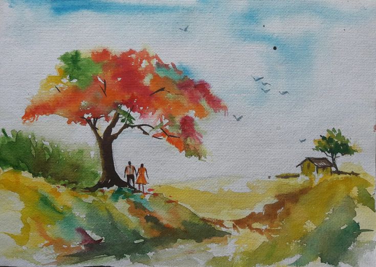 a painting of people under a tree in the fall