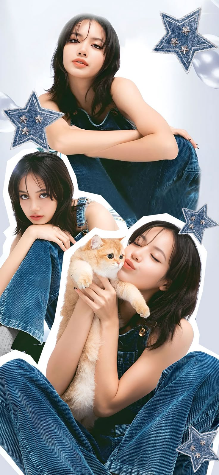 two women are holding a cat and posing for the camera with stars in the background