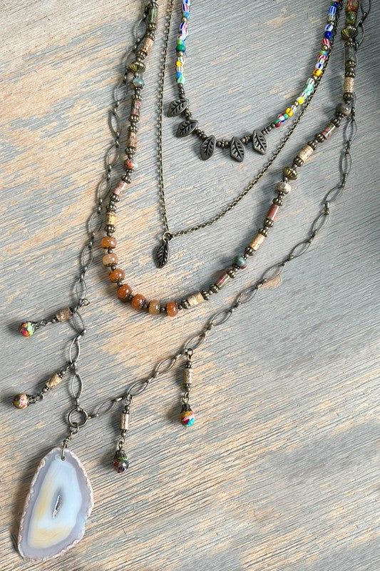 Five layer necklace with unique multi colored beads. A glass agate like pendant. Lobster claw closure. Boho Necklace Diy, Bold Type, Vibe Tribe, Hippie Vibes, Blouse Tank Top, Layer Necklace, Bathing Suit Covers, Hippie Jewelry, Kids Sale