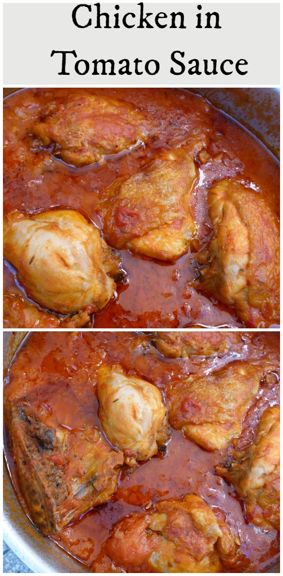 chicken in tomato sauce is shown in two different pictures, with the same image above it