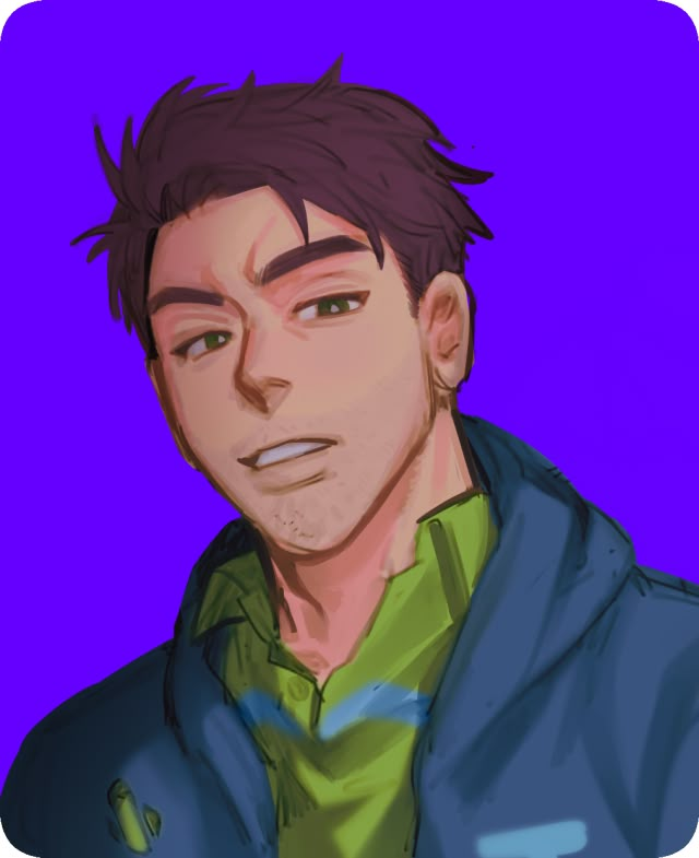 a drawing of a man in a green shirt and blue jacket looking at the camera