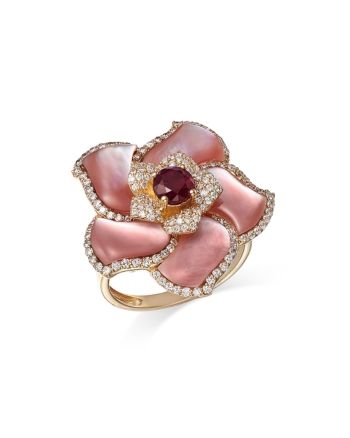 Bloomingdale's Ruby, Mother of Pearl, & Diamond Flower Ring in 14K Yellow Gold - 100% Exclusive Luxury Pink Flower Fine Jewelry Ring, Luxury Pink Flower-shaped Ring, Fine Jewelry Flower-shaped Ruby, Luxury Mother Of Pearl Flower-shaped Jewelry, Luxury Mother Of Pearl Flower-shaped Earrings, Diamond Flower Ring, Alexis Bittar Jewelry, Diamond Collection, Pearl Types