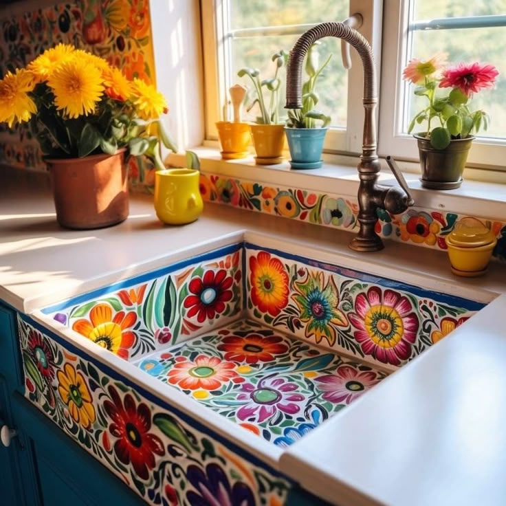 a kitchen sink with colorful flowers painted on the front and side, next to a window