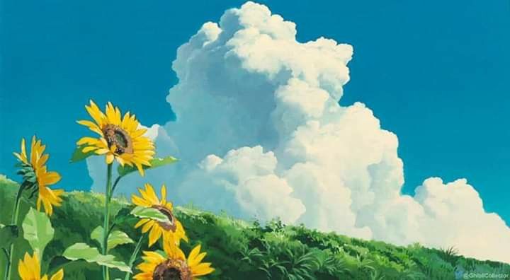 a painting of sunflowers on a hill with clouds in the sky behind them