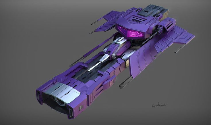 a purple and black model of a sci - fi fighter ship on a gray background