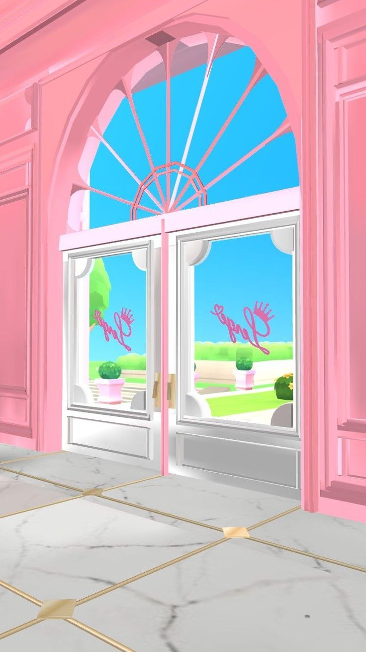 a pink room with two doors and windows