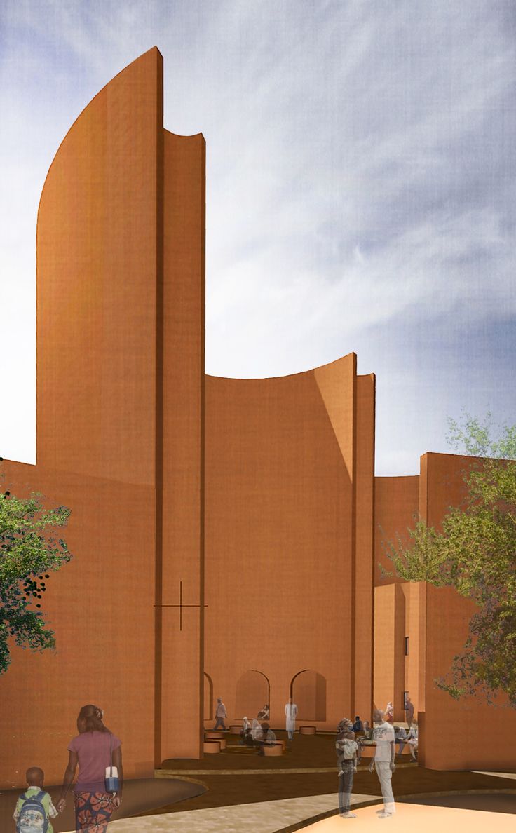 an artist's rendering of people walking in front of a large building with tall towers