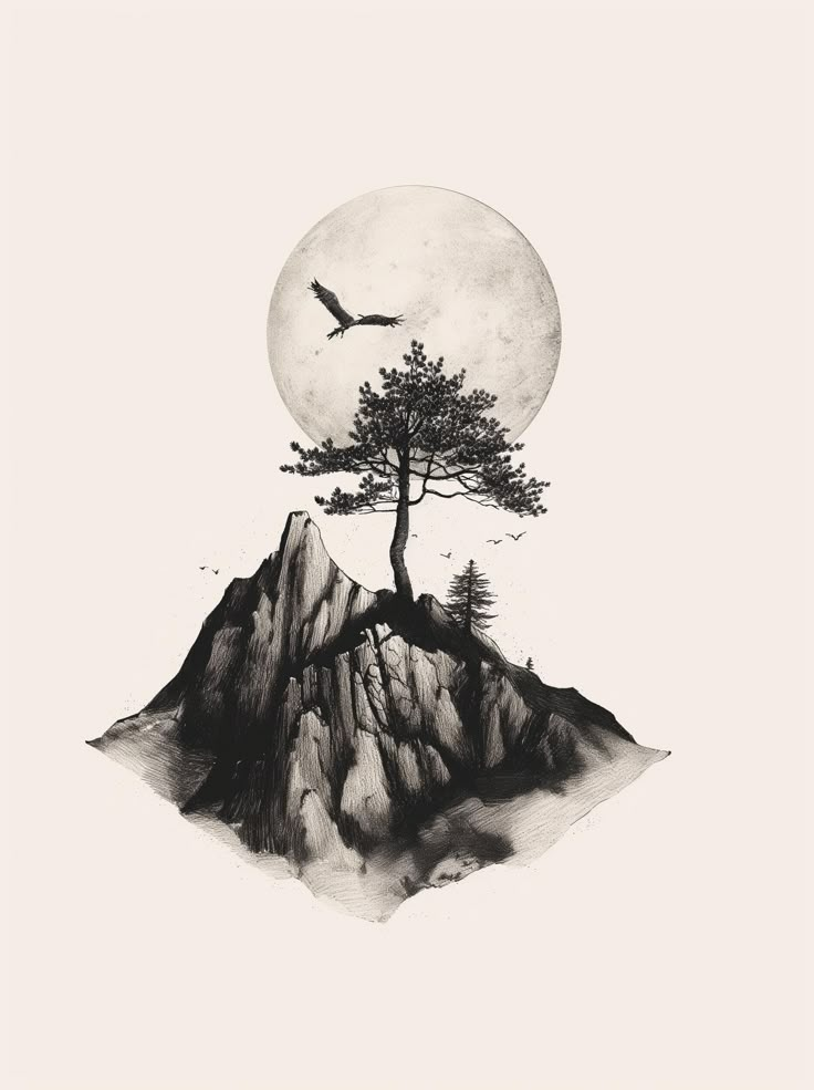 an ink drawing of a tree on top of a mountain with a bird flying over it