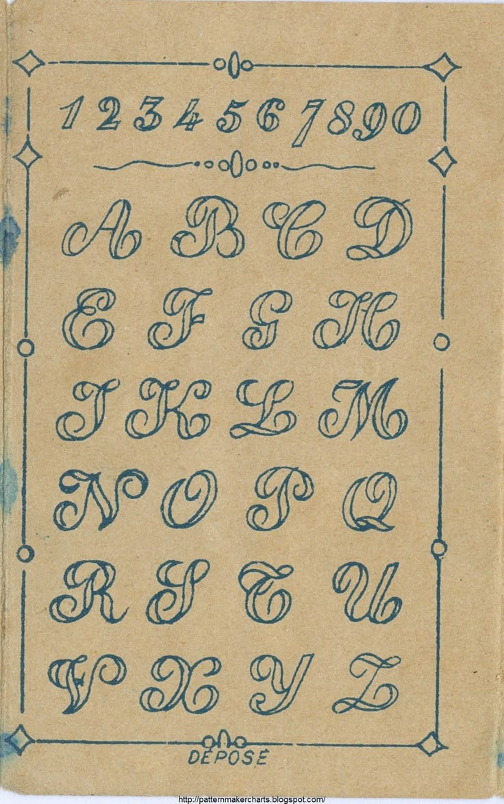 an old fashioned handwritten alphabet with numbers and symbols on it's side, in blue ink