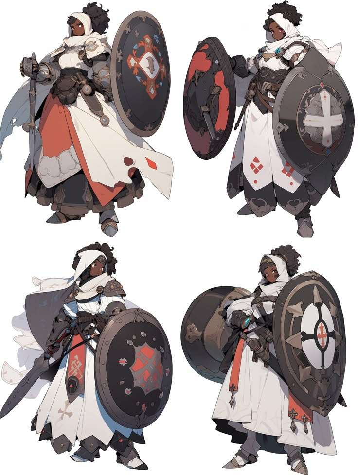 four different angles of the same armor and shield, all with various shapes and sizes