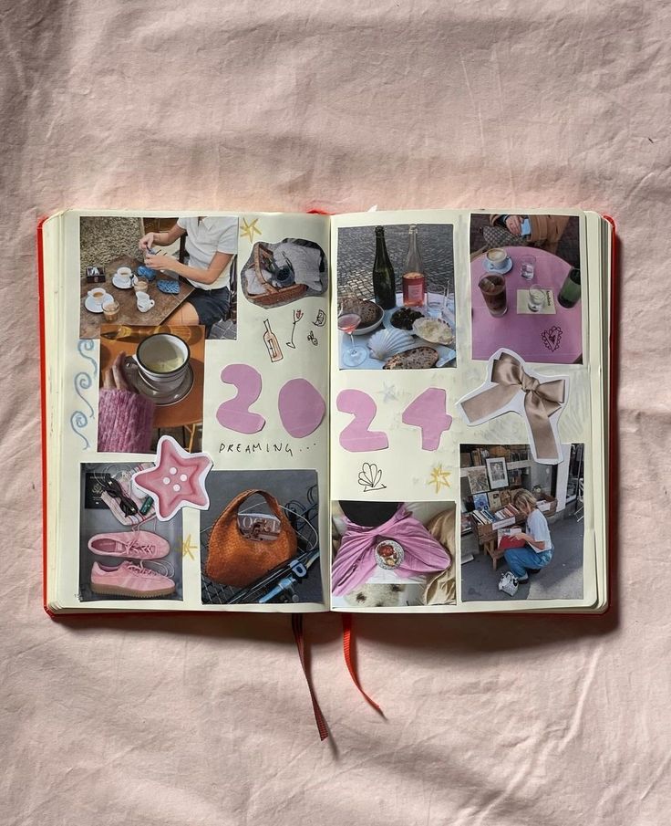 an open book with pictures of people and things in it on a pink cloth covered surface