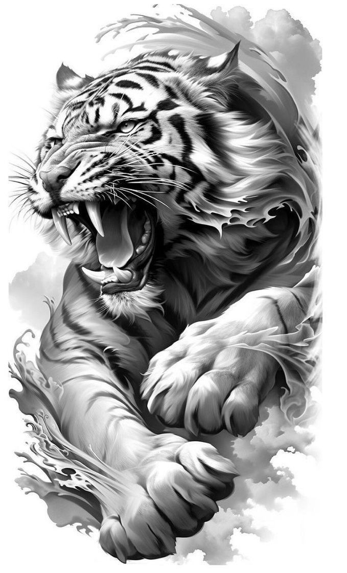 a black and white drawing of a tiger