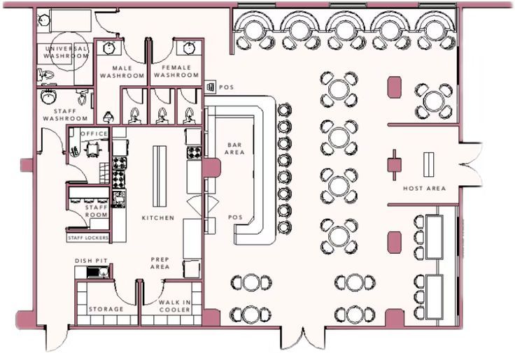 a floor plan for a restaurant with tables and chairs in the center, along with seating areas