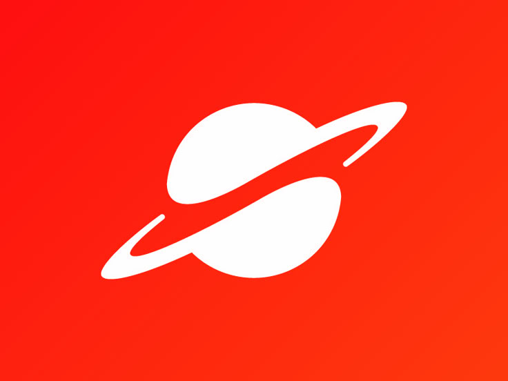 an orange background with a white saturn logo