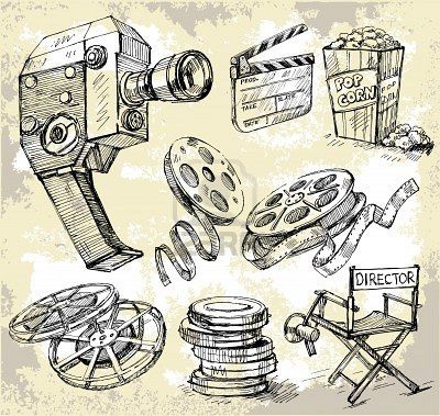 an old fashioned movie set with film equipment and clapsticks on the table royalty illustration