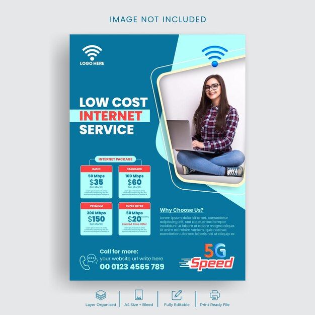 a flyer for an internet service with a woman sitting on the floor and holding a laptop