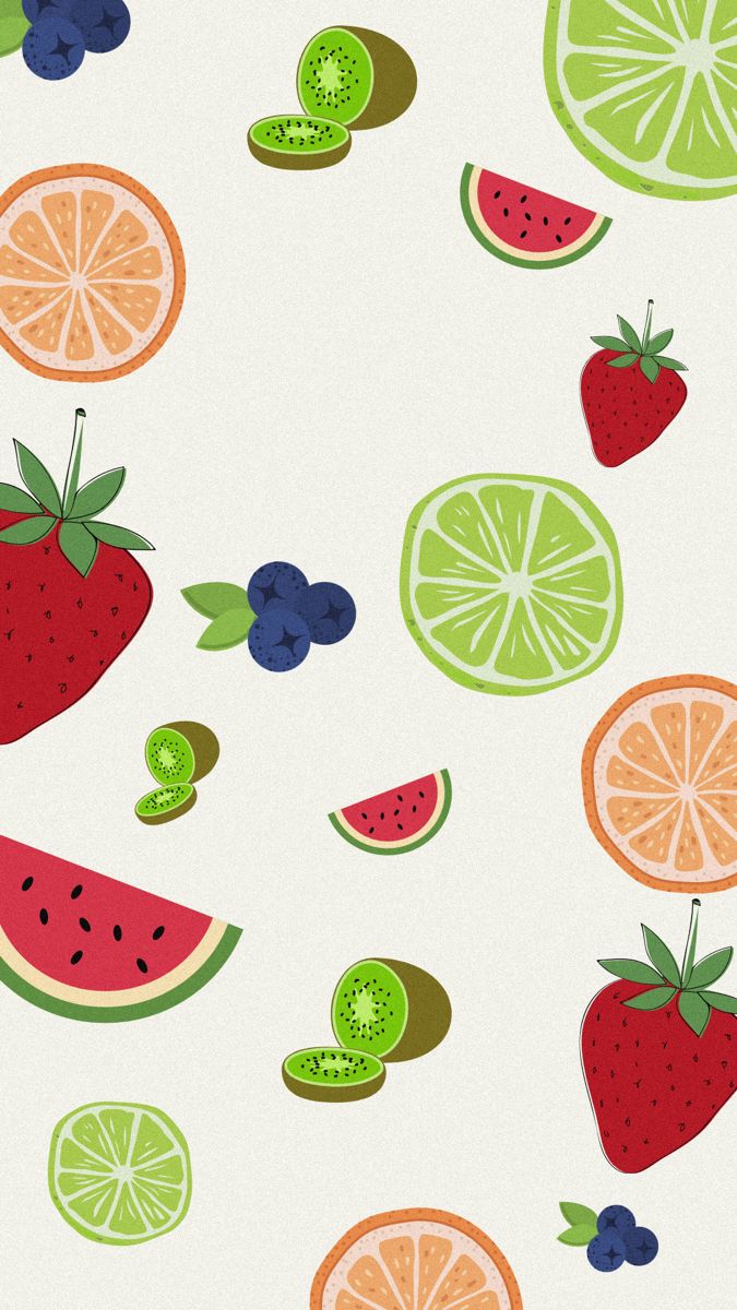 an image of fruits and berries on a white background with green, red, orange, and blue colors