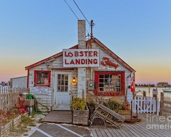 the lobster landing restaurant is located on the boardwalk near the water at sunset or dawn