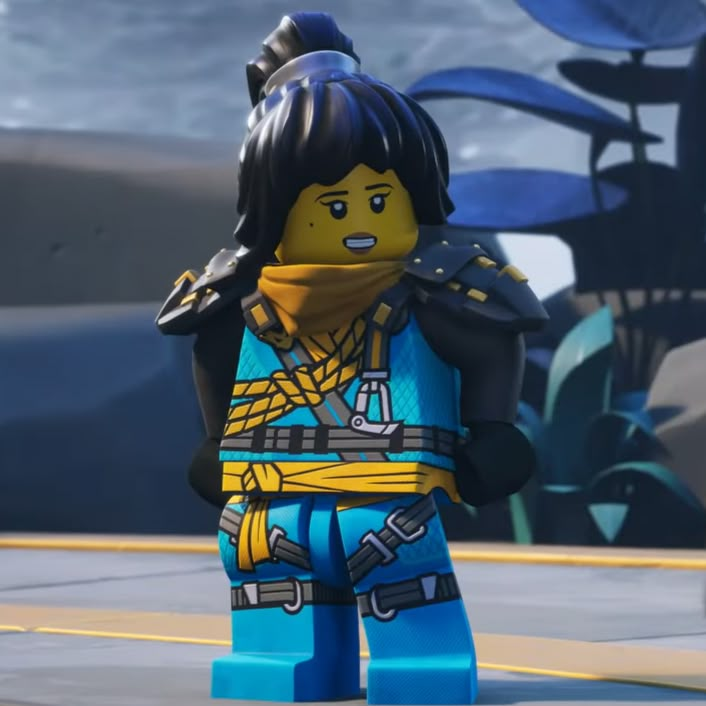 the lego movie character is dressed in blue and yellow