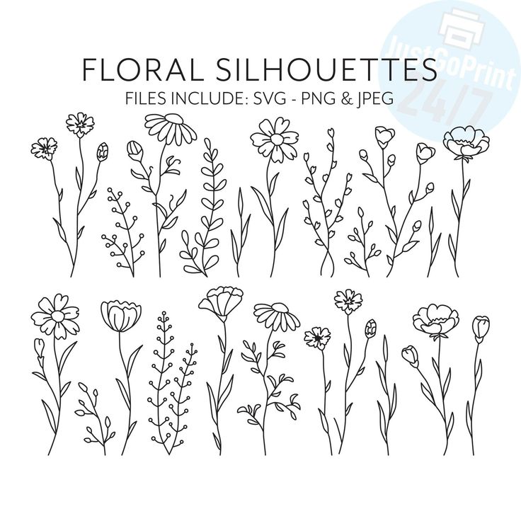 floral silhouettes with flowers and leaves in black ink on a white background, including the outline