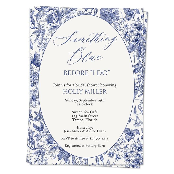 a blue and white floral wedding card with the words something blue before i do on it