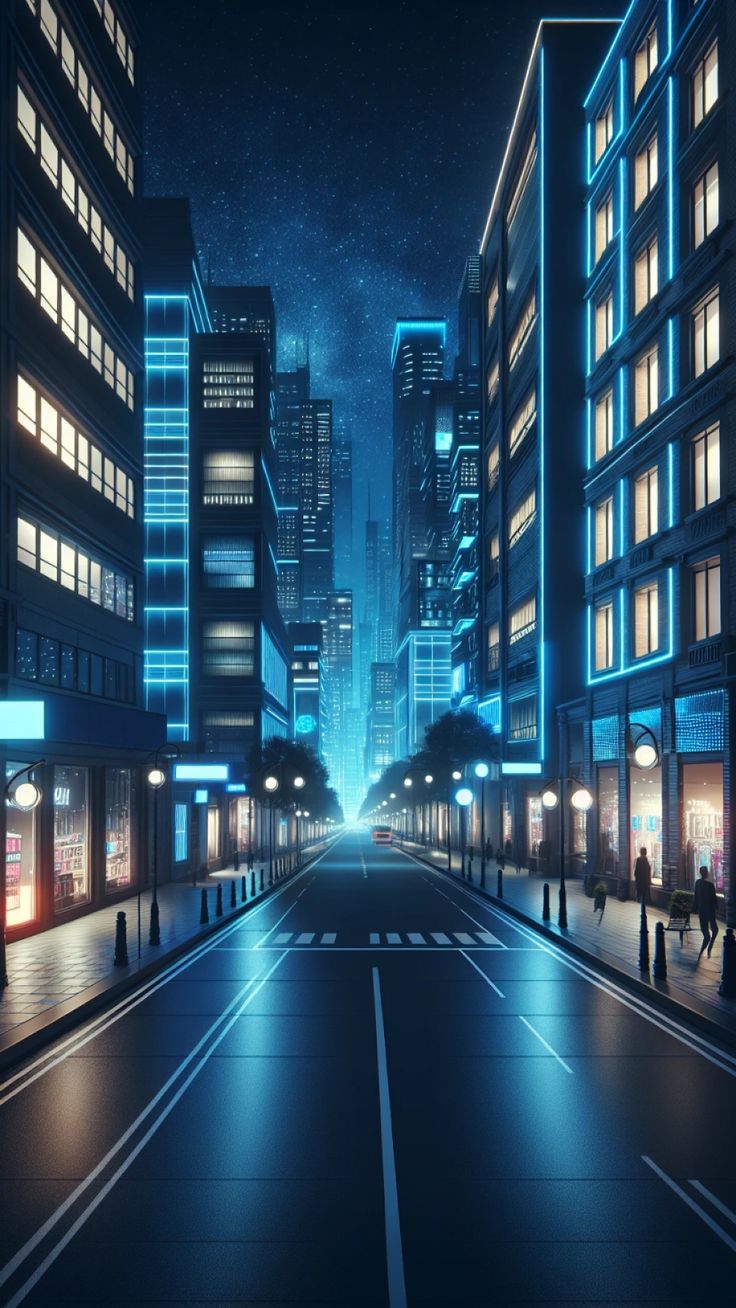 an empty city street at night with buildings lit up and people walking on the sidewalk