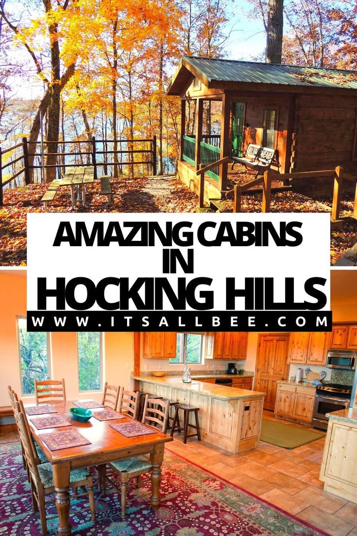 an image of a cabin in the woods with text overlay reading amazing cabins in hocking hills