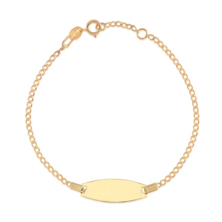 PRICES MAY VARY. ID BRACELET: 14k yellow gold kids’ bowed ID bracelet featuring an ID plate that we will custom engrave for you; great jewelry gift for newborn, infants, babies, toddlers, little boy or girl, child, and kid;GREAT SIZE: 6 inches with extra jump ring at 5.5 inches QUALITY ITALY SOLID 14K GOLD: NOT plated; Stamped to authenticate the fineness of the gold; Entirely made in Italy ENGRAVABLE ID PLATE: Every child is unique, and a customized bracelet with an exquisite laser engraving is Baby Boy Jewelry Gold Bracelets, Yellow Gold Nameplate Bracelet With Name Detail, Baby Bracelet Gold, Toddler Bracelet, Name Bracelets, Babies Newborn, Gold Girl, Baby Bracelet, Id Bracelets