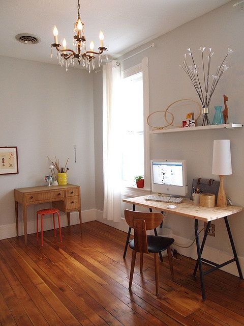 a desk with a computer on top of it in a room next to a window