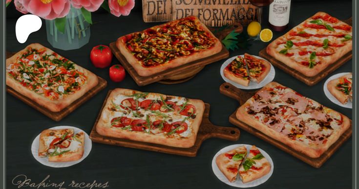 there are many different types of pizzas on the table with flowers in the background