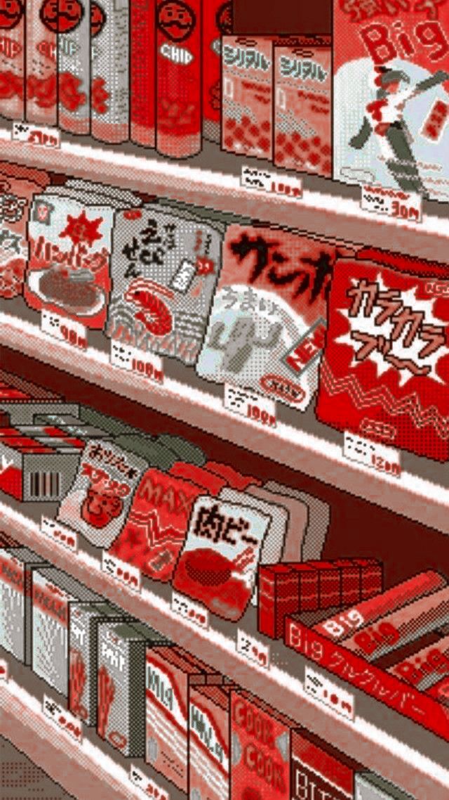 the shelves are covered in red and white stickers