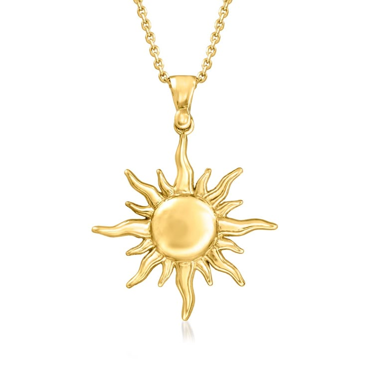 Ross-Simons - Italian 18kt Gold Over Sterling Sun Pendant Necklace. 18". Shine under your very own Tuscan sun! Direct from Italy, this 18kt yellow gold over sterling silver sun pendant necklace is a stylish symbol of energy, positivity and power. Suspends from a cable chain with a 2" extender. Lobster clasp, 18kt gold over sterling sun pendant necklace. Sun Pendant Necklace, Gold Sun Jewelry, Gold Jewelry Aesthetic Necklaces, Sunburst Jewelry, Sun Pendant Gold, Sun Accessories, Gold Sun Necklace, Sun Jewelry, Dope Jewelry Accessories