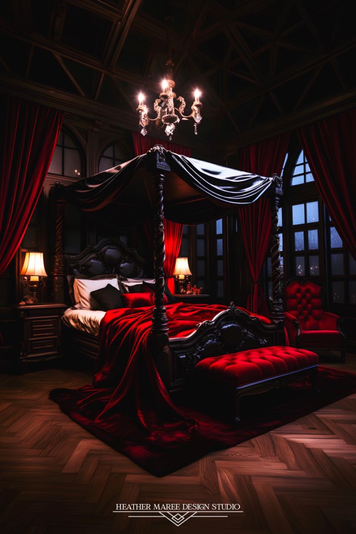 a canopy bed with red sheets and pillows in a room that is lit up at night