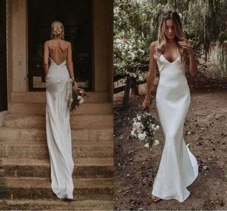 two women in white dresses standing on steps and one is wearing a wedding dress with spaghetti straps