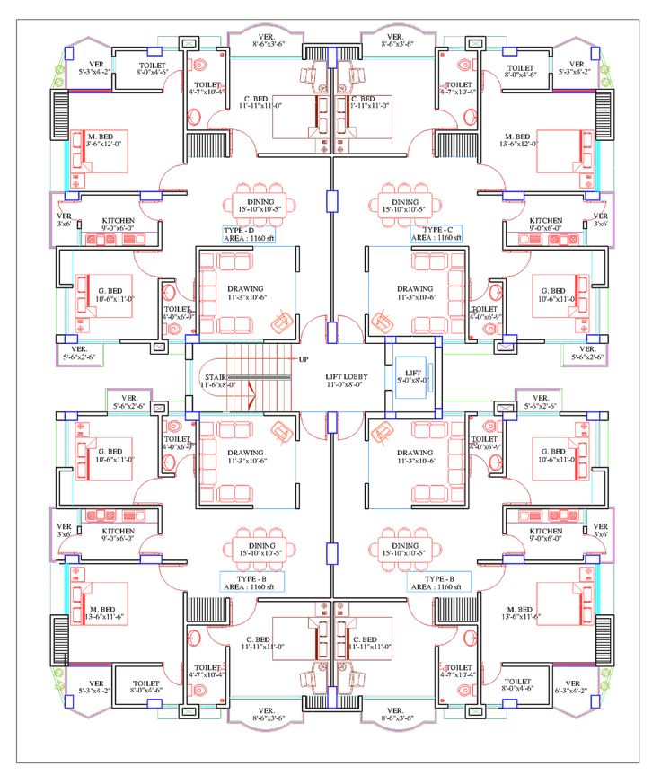 the floor plan for an office building with multiple rooms and two floors, all in different colors