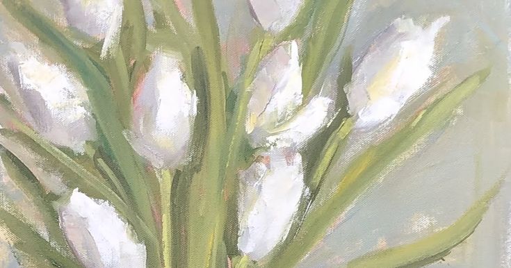 a painting of white tulips in a vase