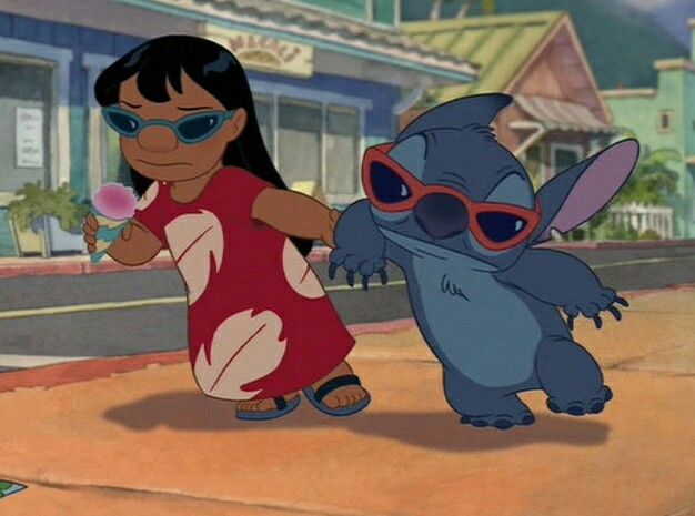 two cartoon characters are walking down the street in disney's animated movie, stitch