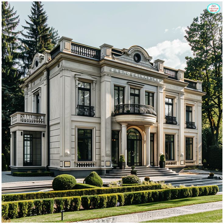 a large white house sitting in the middle of a lush green park