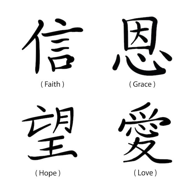 four chinese characters with the words faith, grace, hope and love