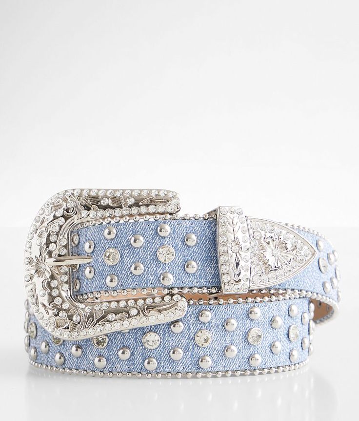 BKE Denim Glitz Belt - Blue Medium, Women's Silver Rhinestone 1 1/2 faux leather belt Shot bead trim. 70% PU 20% Metal 10% Glass.. WOMEN'S BELT SIZE CONVERSION CHART Jean Size 23-24 25-26 27-28 29-30 31-32 Belt Size XS S M L XL Belt Length** 34 37 40 43 46 *Conversion sizes may vary. **Measures from end to end excluding the buckle. These are general guidelines and sizing is dependent on belt being worn at natural waistline or the hip. Apparel & Accessories Cutest Belts, Cute Belts For Jeans, Cute Belts, Cool Belts, Bb Belt, Rhinestone Belt Buckle, Rhinestone Belts, Rhinestone Denim, Cholo Style