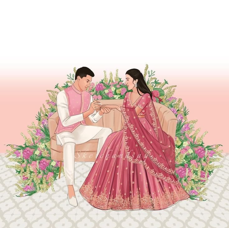 Indian Engagement Caricature, Engagement Illustration Couple, Indian Wedding Drawing, Indian Couple Illustration, Engagement Caricature, Wedding Collaterals, Creative Wedding Invitations Design, Aesthetic Codes, Couple Illustration Wedding