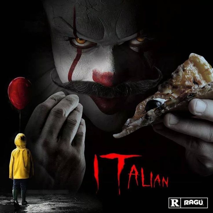 a clown holding a piece of pizza next to a person in a yellow raincoat