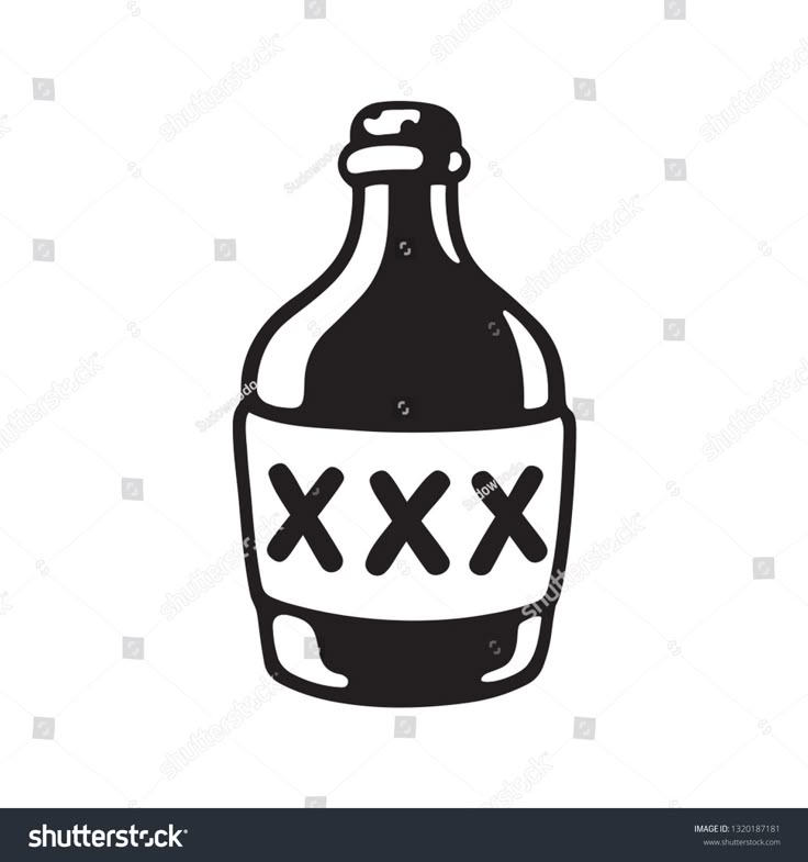 a black and white bottle with crosses drawn on the side, in front of a white background