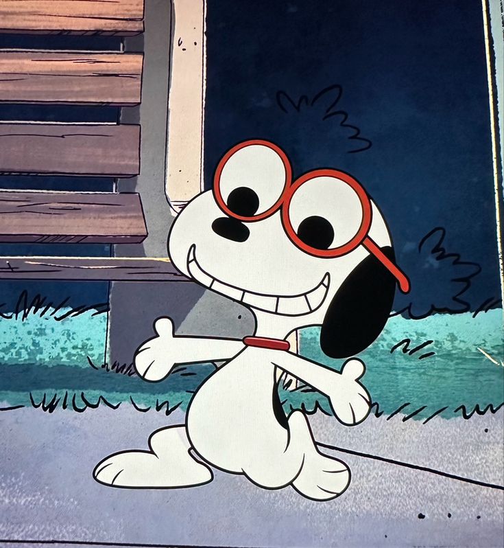 a cartoon dog with glasses on sitting in front of a bench