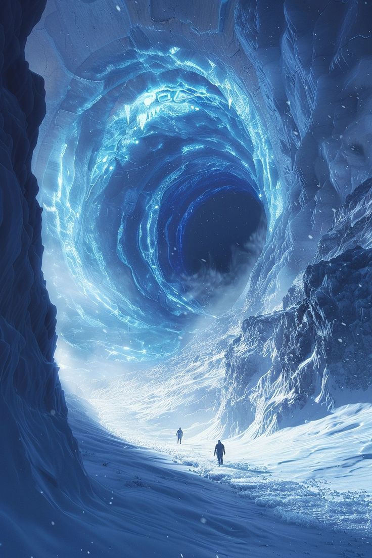 two people are walking in the middle of an ice cave with a giant blue swirl