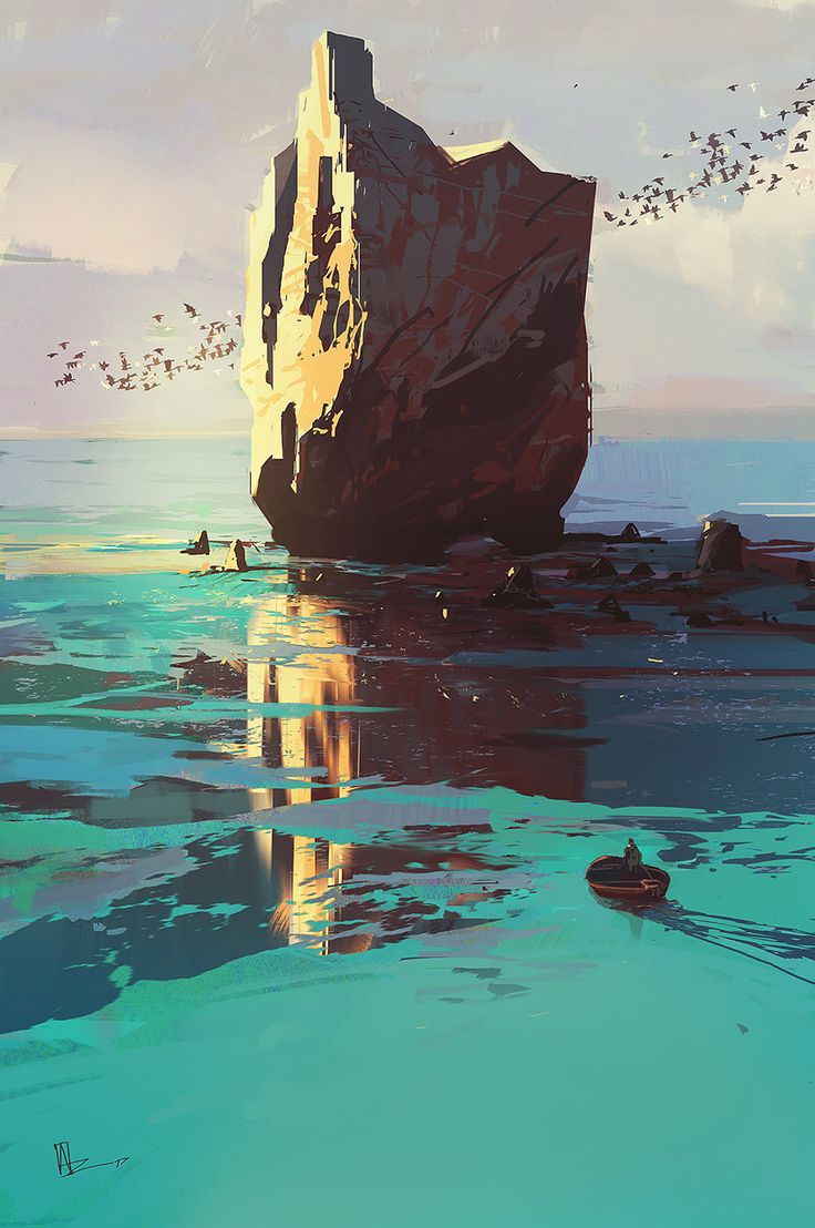 a painting of a large rock in the ocean with birds flying over it and people swimming nearby