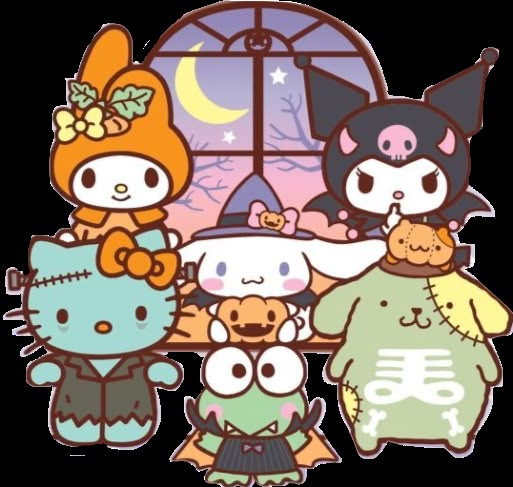 an image of hello kitty and other characters in front of a window with halloween decorations