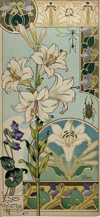 an art nouveau painting with white flowers and green leaves