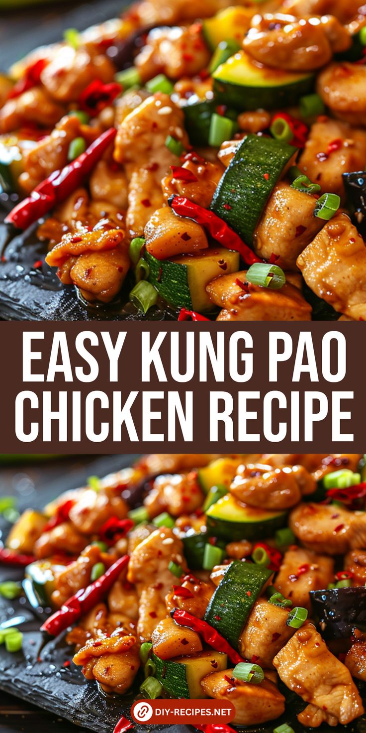 chicken and vegetable stir fry on a black plate with the words easy kunng pao chicken