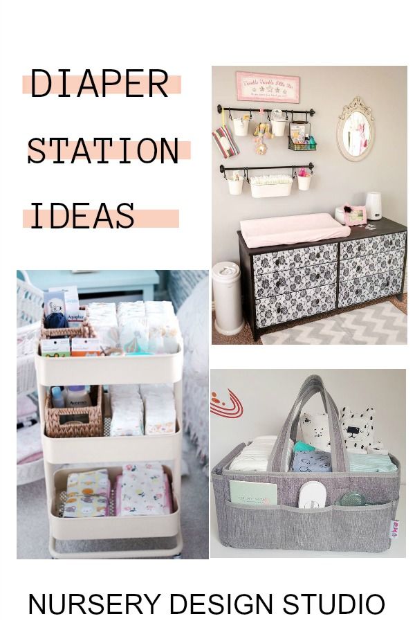 the collage shows different types of storage and organization for baby's nursery items